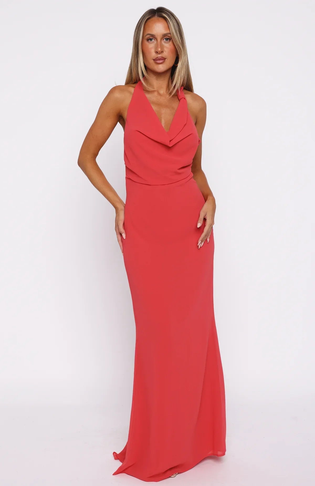 Always In Mode Halter Maxi Dress Vivid Red