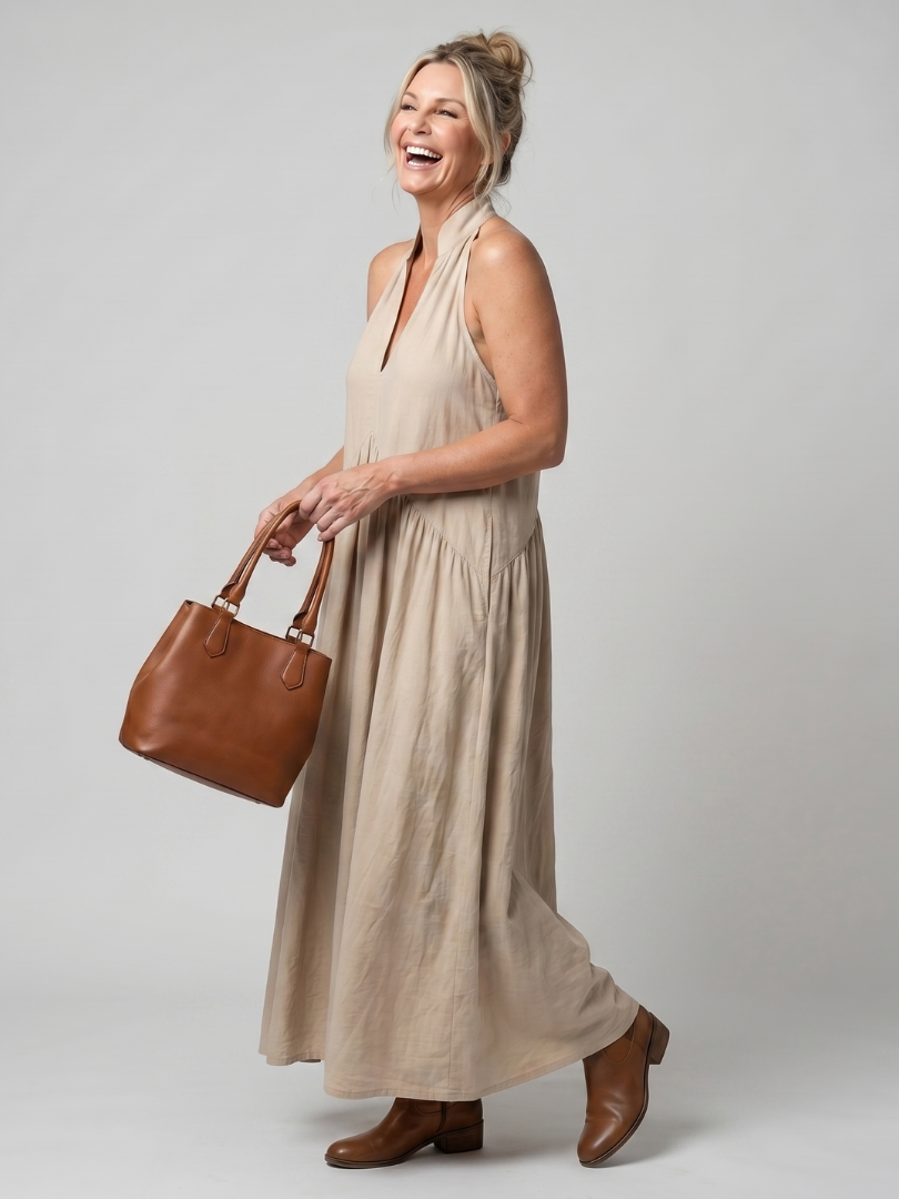 Adelina | Halter Neck Relaxed Flowing Silhouette Midi Dress