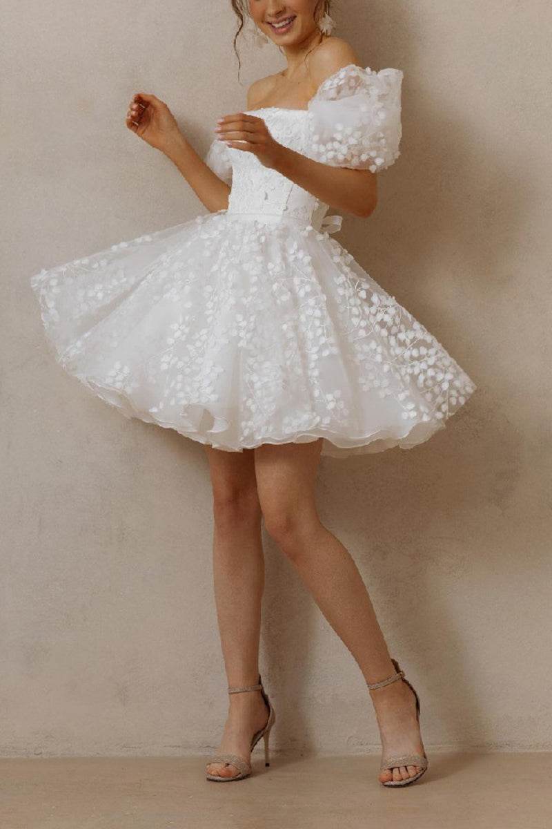 A-Line Short-Mini Lace Organza Little White Dress 100040