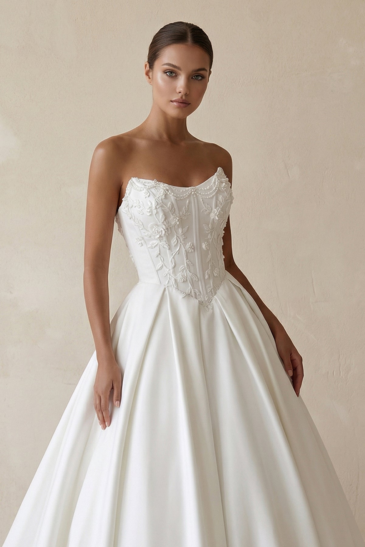 3D Floral Strapless Corset Satin Wedding Gown in White
