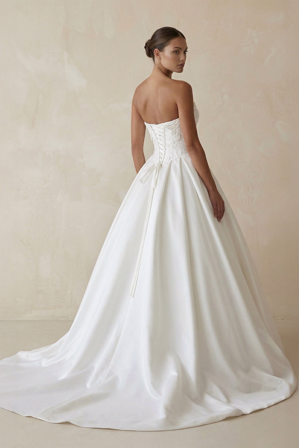 3D Floral Strapless Corset Satin Wedding Gown in White