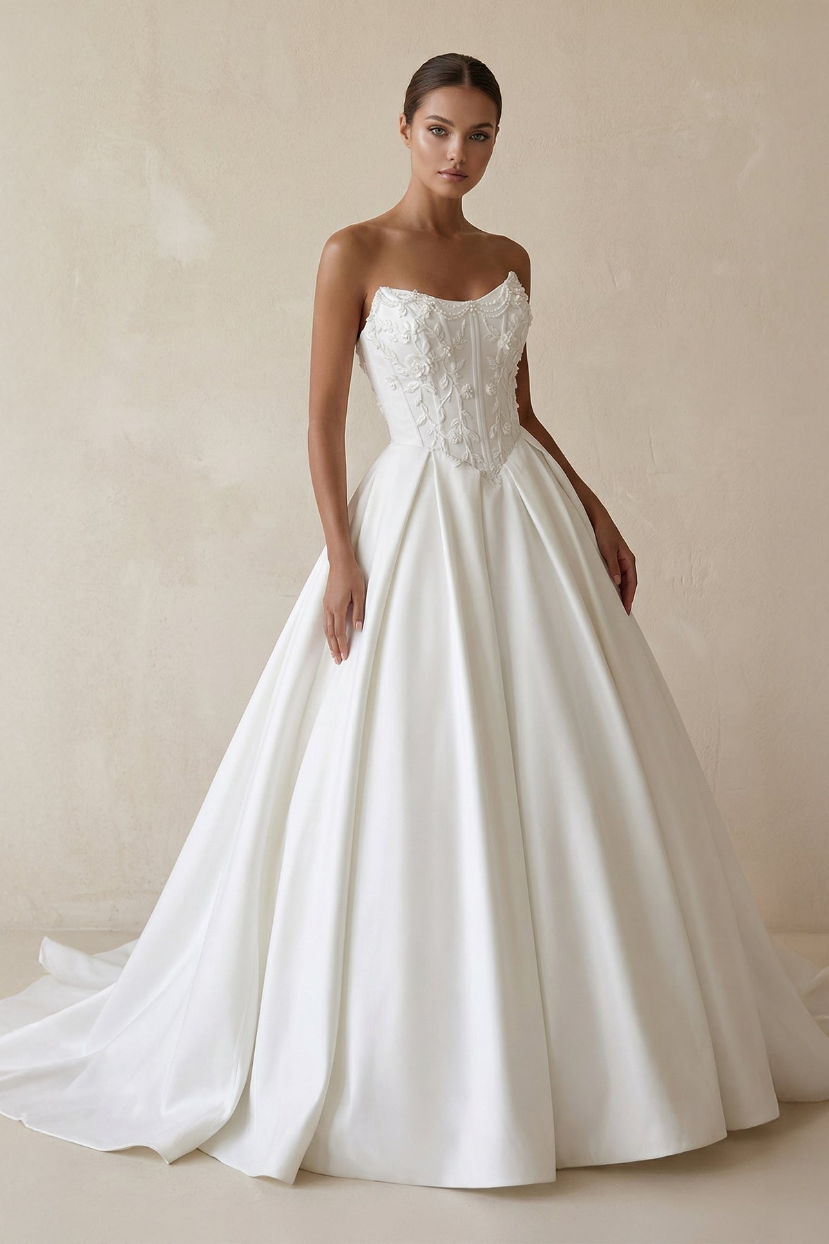 3D Floral Strapless Corset Satin Wedding Gown in White