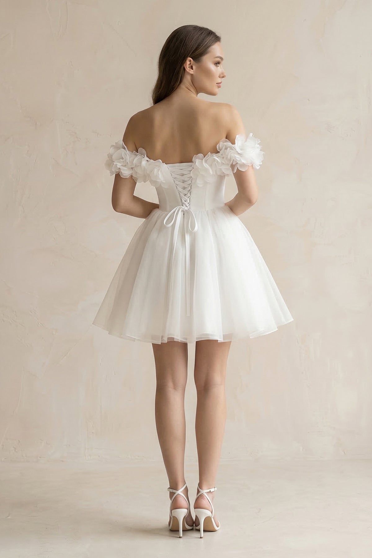 3D-Flower Off-the-Shoulder A-Line Tulle Wedding Dress in Ivory