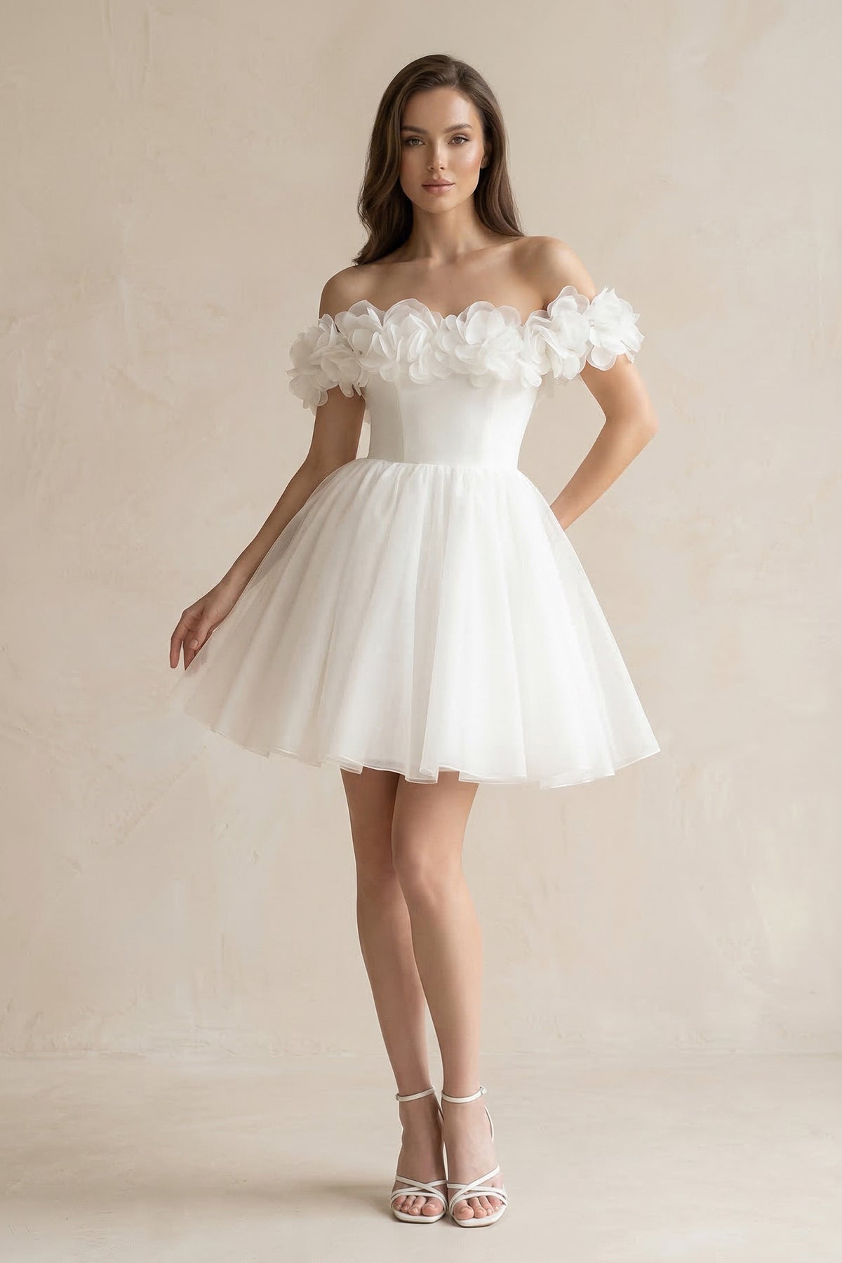 3D-Flower Off-the-Shoulder A-Line Tulle Wedding Dress in Ivory
