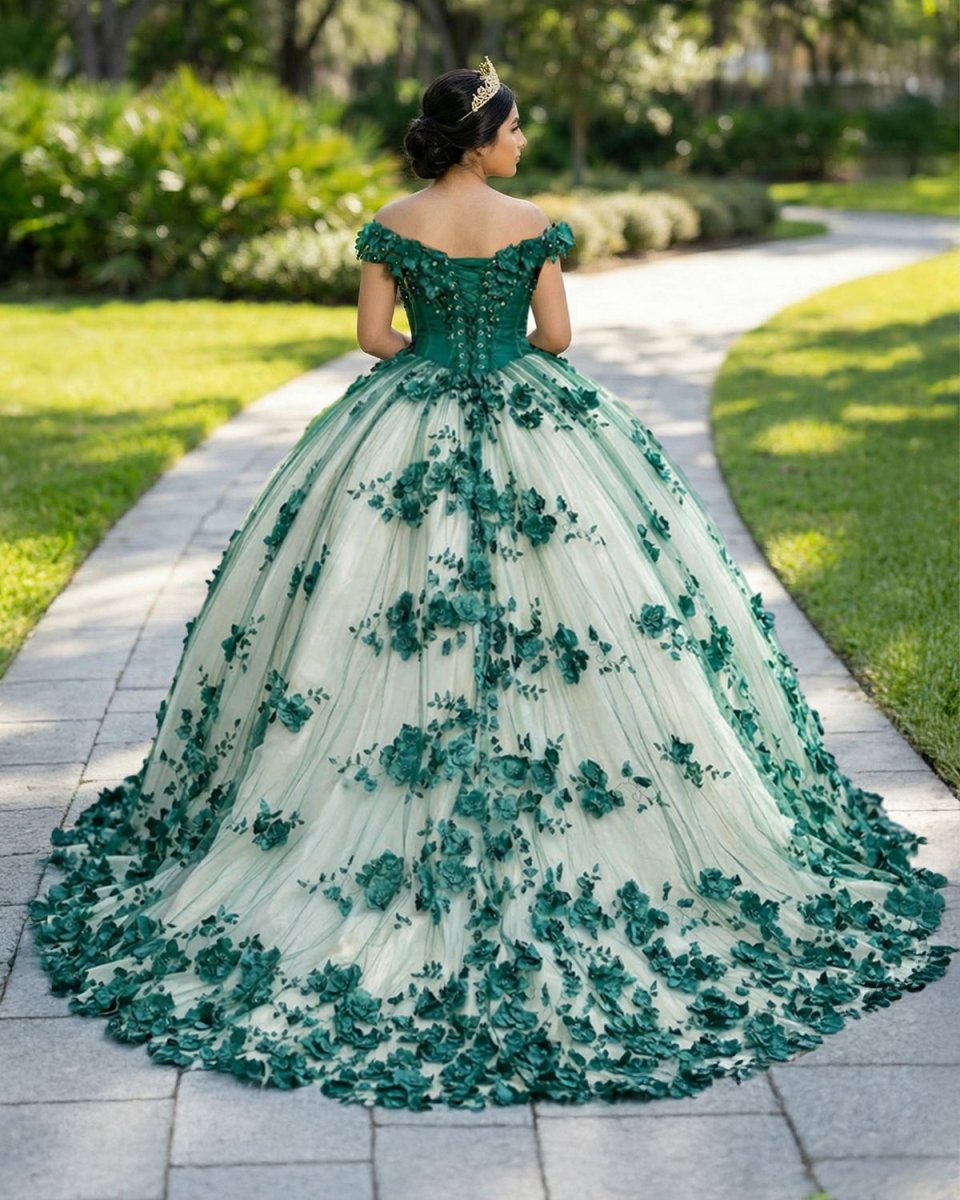 3D Flowers Off Shoulder Tulle Appliques Beaded Quinceanera Dress