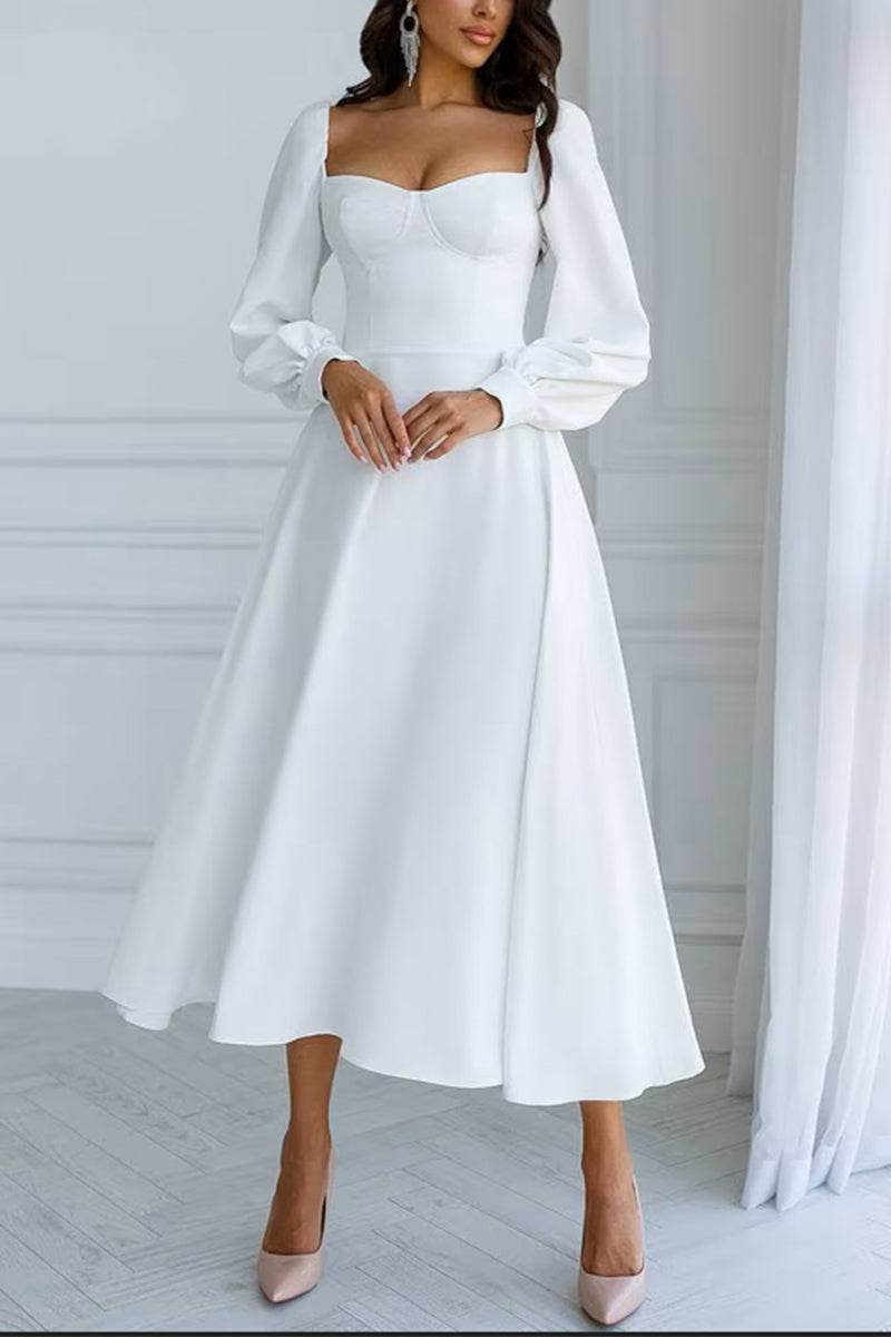A-Line Tea Length Elastic Cloth Little White Dress 100013