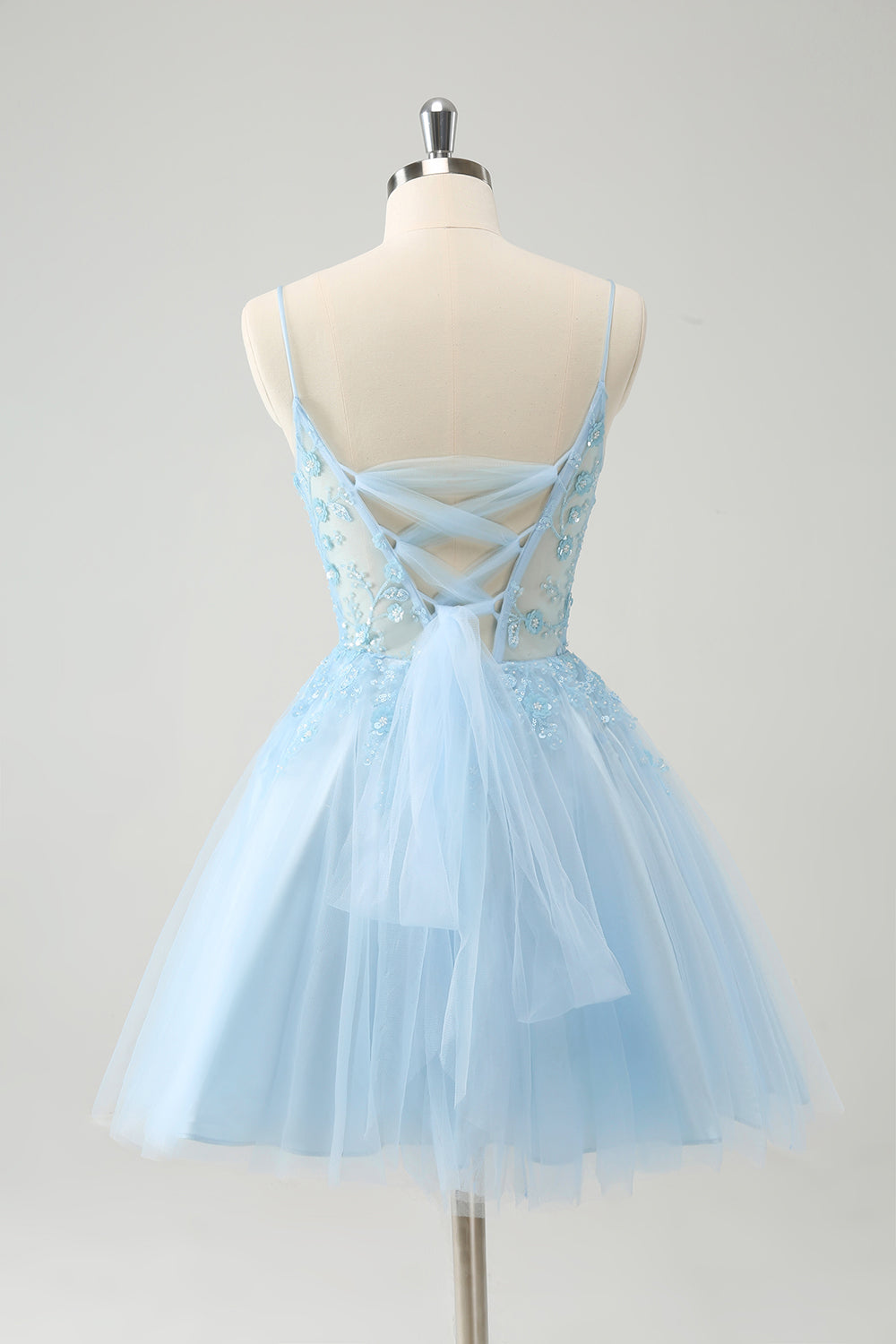 Cute Glitter Blue A Line Beaded Corset Short Homecoming Dress with Appliques