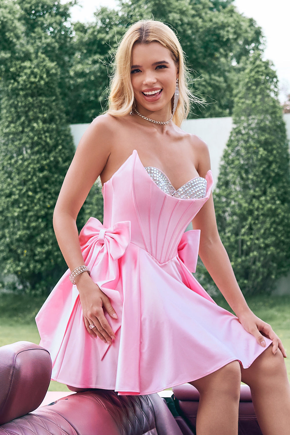 Pink Sparkly Strapless Corset A Line Short Homecoming Dress With Bow
