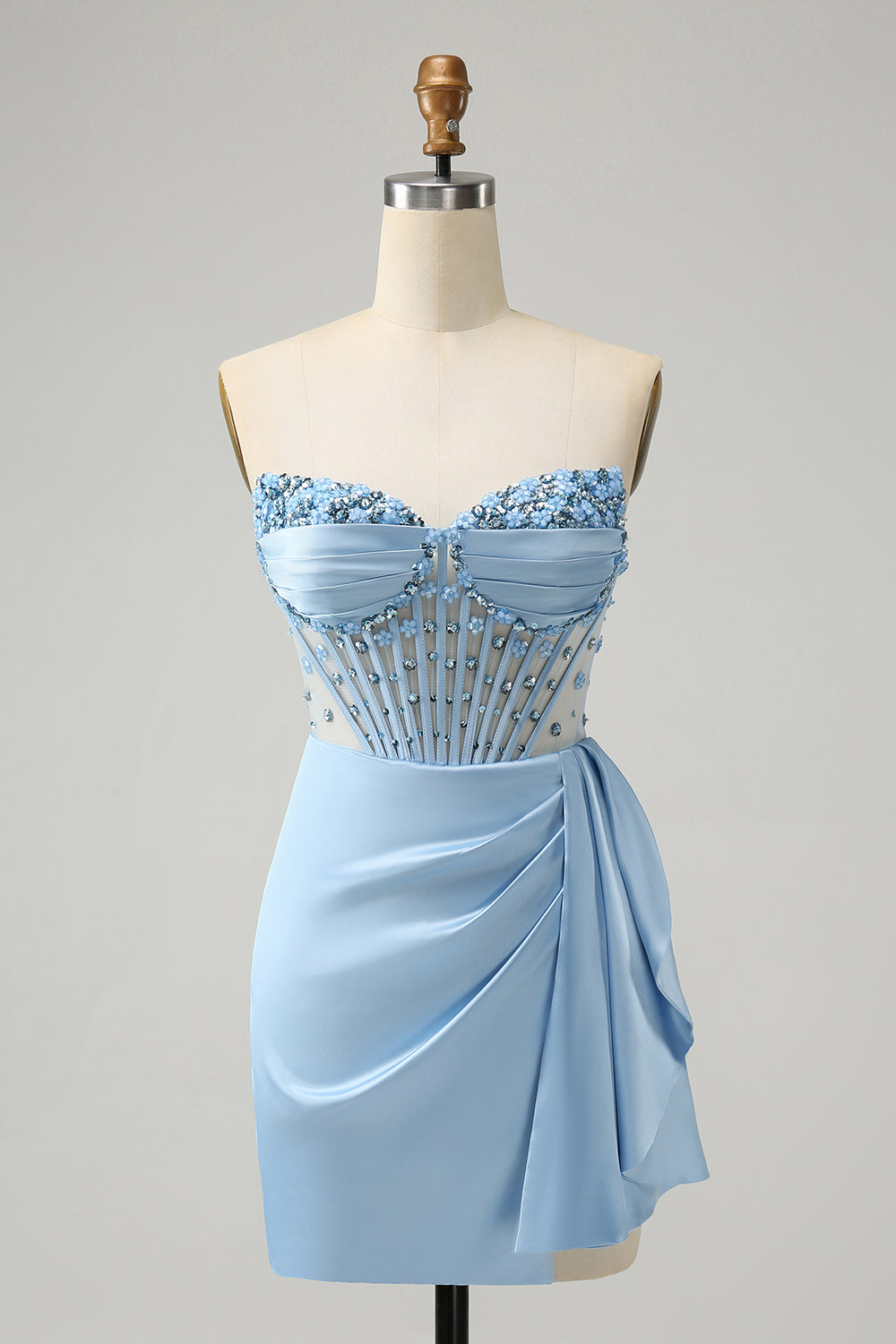Sparkly Blue Tight Short Strapless Corset Homecoming Dress with Beadings