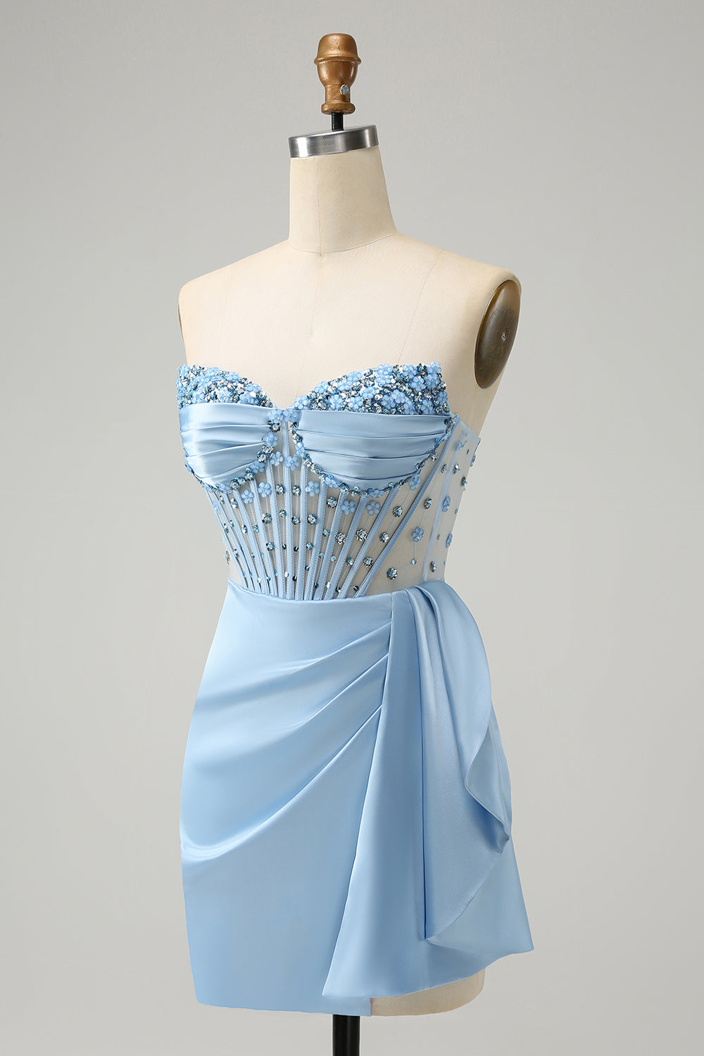 Sparkly Blue Tight Short Strapless Corset Homecoming Dress with Beadings