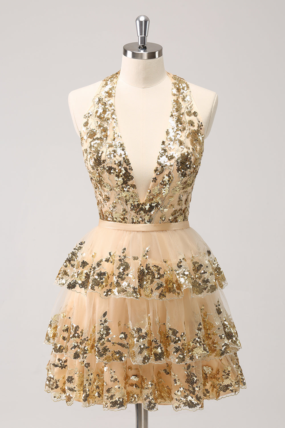 Gold Sparkly A Line Halter Tiered Sequined Backless Short Homecoming Dress