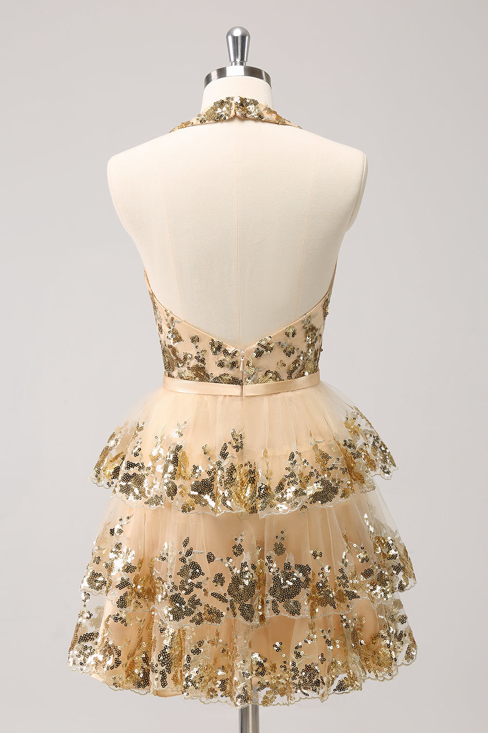 Gold Sparkly A Line Halter Tiered Sequined Backless Short Homecoming Dress
