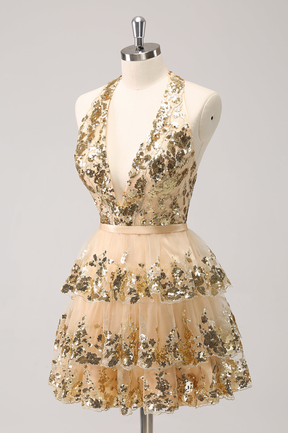 Gold Sparkly A Line Halter Tiered Sequined Backless Short Homecoming Dress