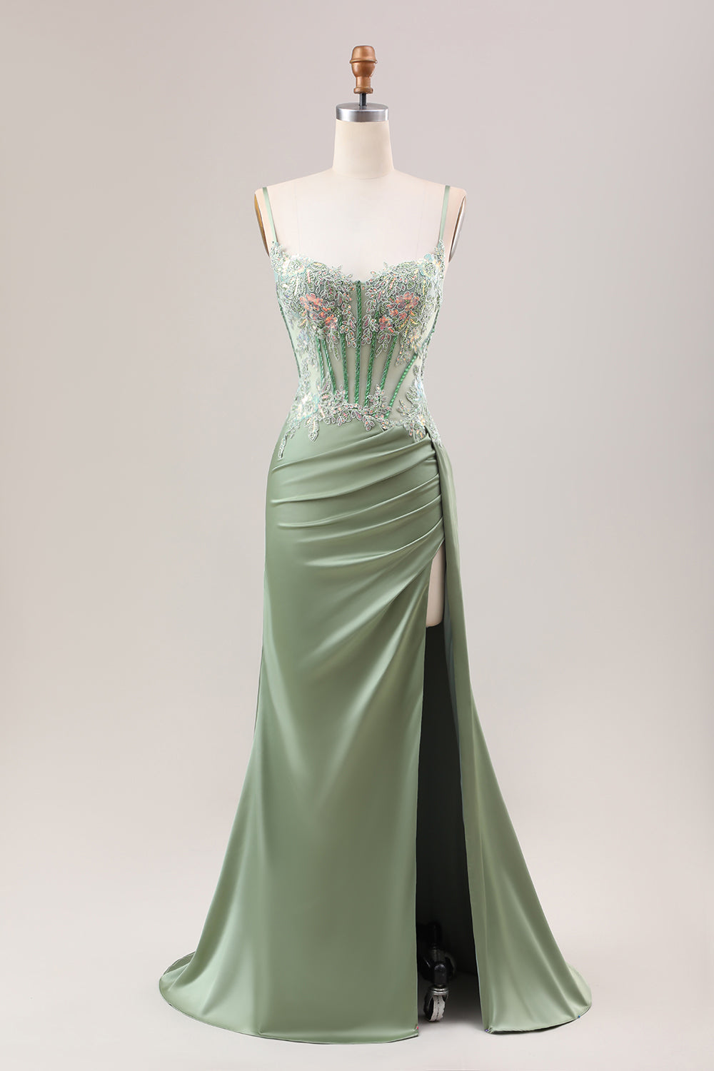 Sage Mermaid Corset Side Cape Lace Prom Dress with Slit