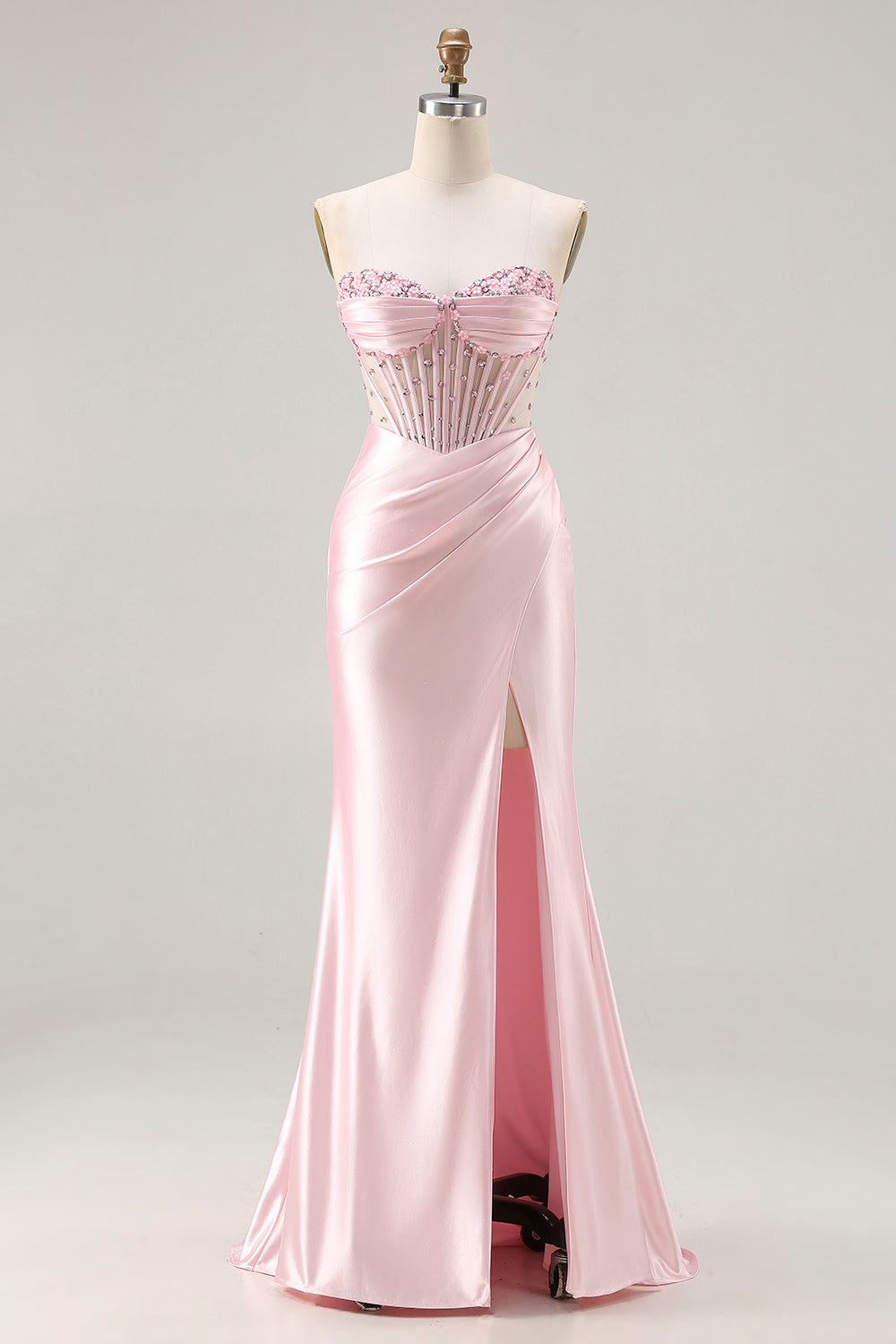 Sparkly Pink Satin Mermaid Beaded Long Corset Prom Dress with Slit