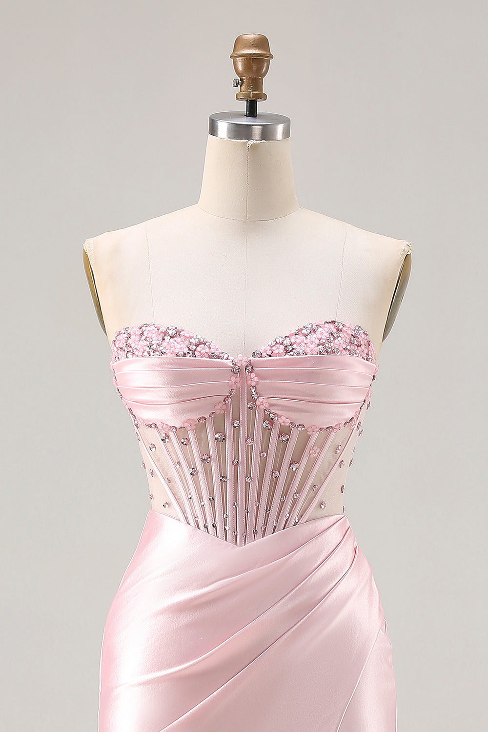 Sparkly Pink Satin Mermaid Beaded Long Corset Prom Dress with Slit