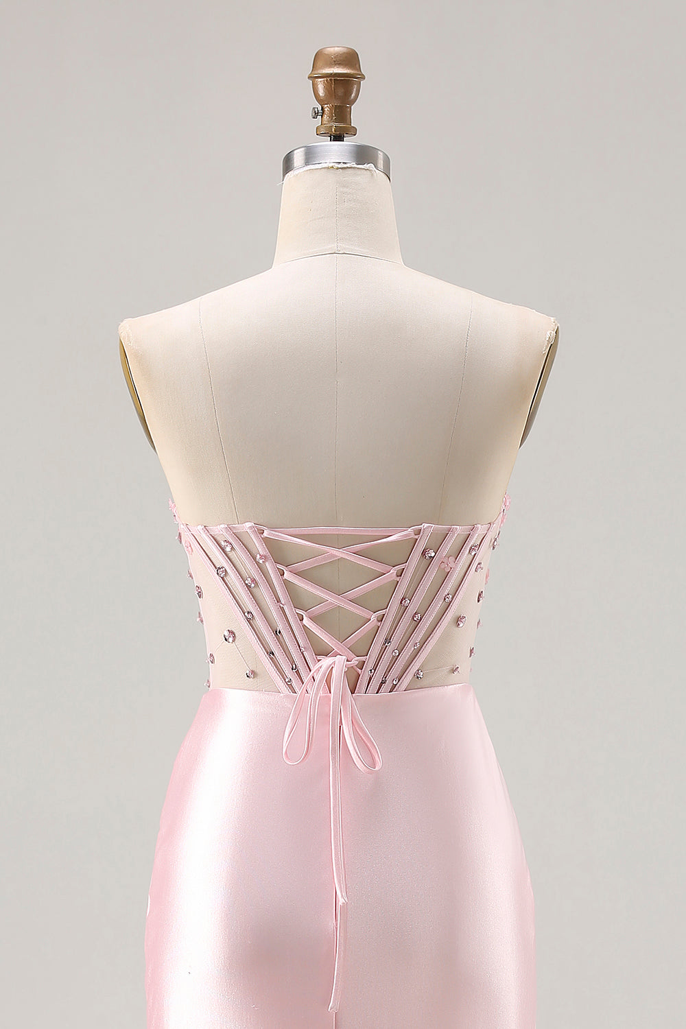 Sparkly Pink Satin Mermaid Beaded Long Corset Prom Dress with Slit