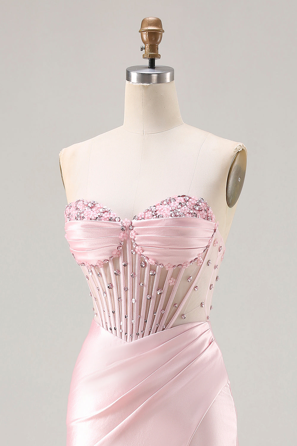 Sparkly Pink Satin Mermaid Beaded Long Corset Prom Dress with Slit