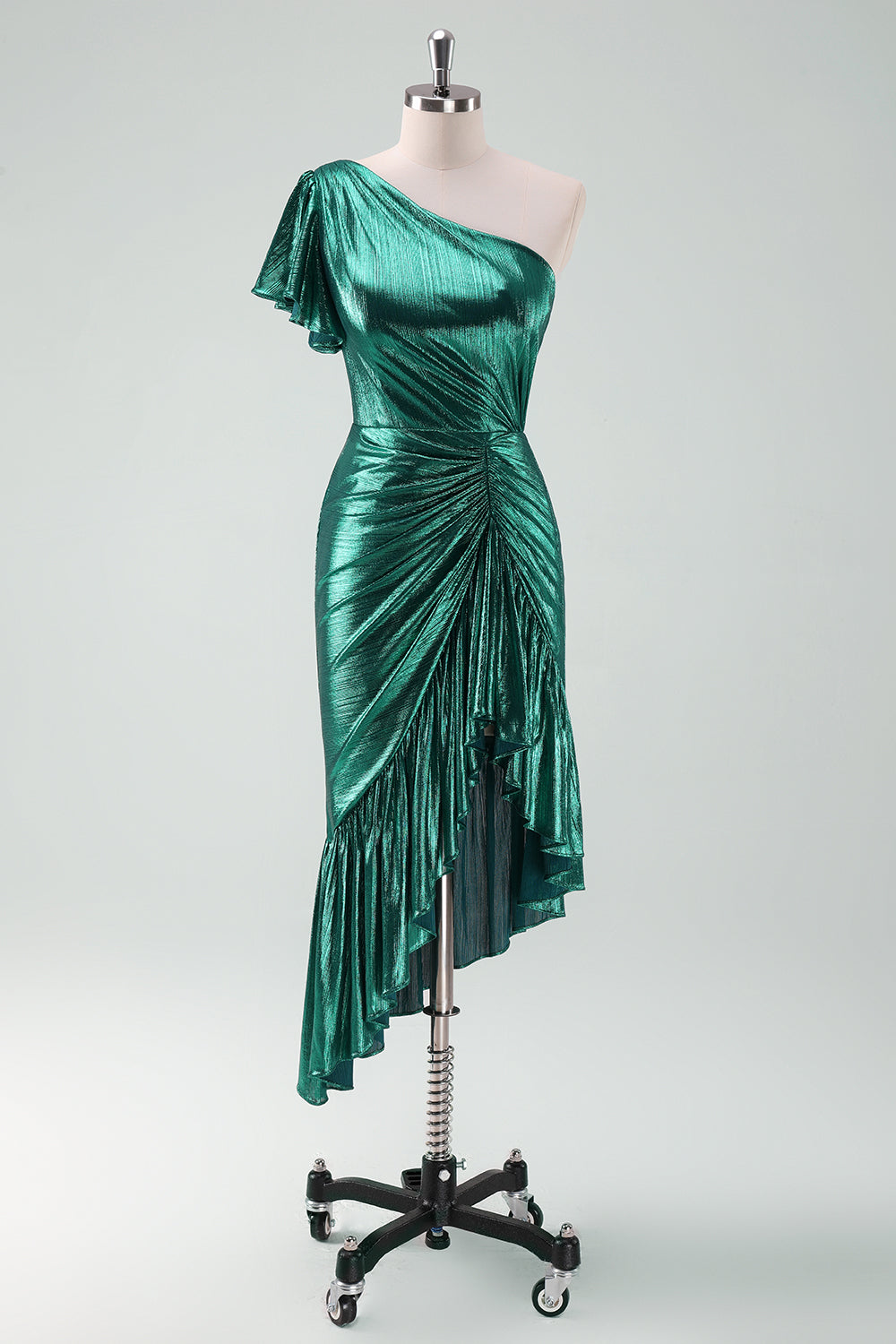 Dark Green Mermaid Metallic One Shoulder Cocktail Dress with Ruffles