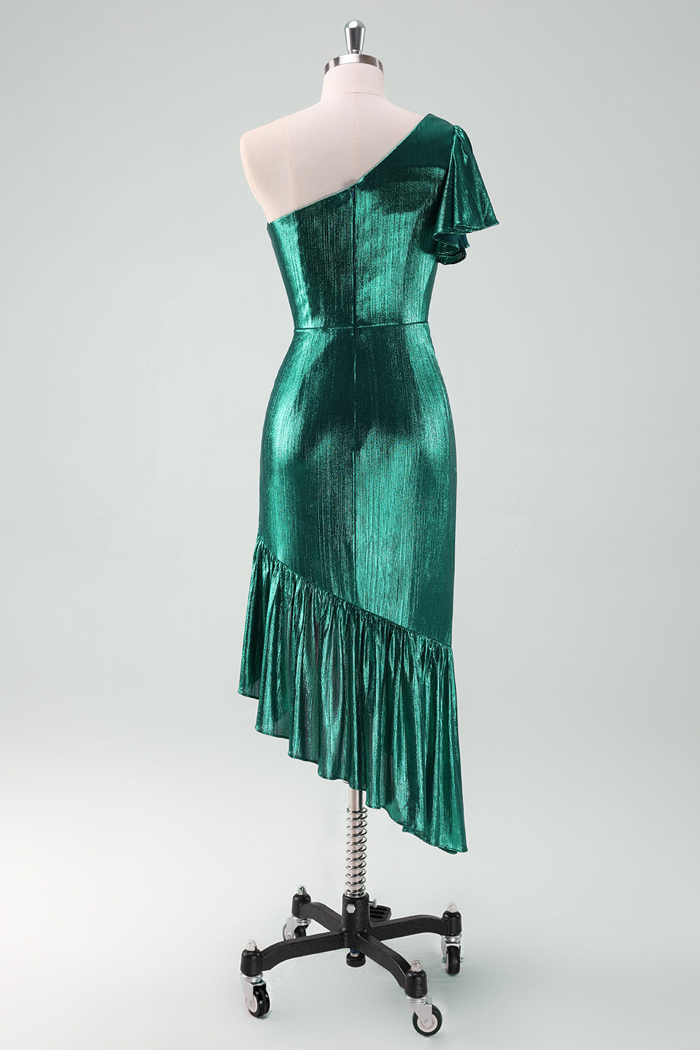 Dark Green Mermaid Metallic One Shoulder Cocktail Dress with Ruffles