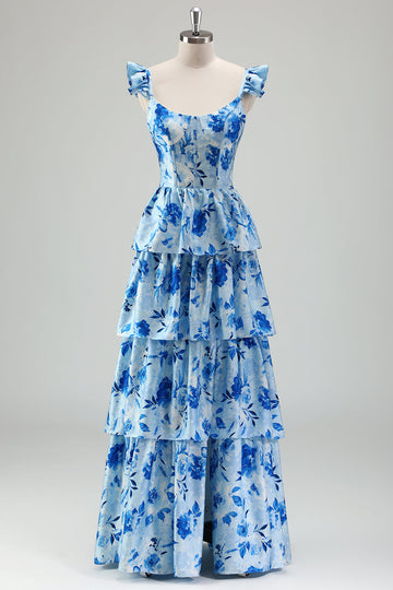 Blue Corset Tiered Long Prom Dress with Slit