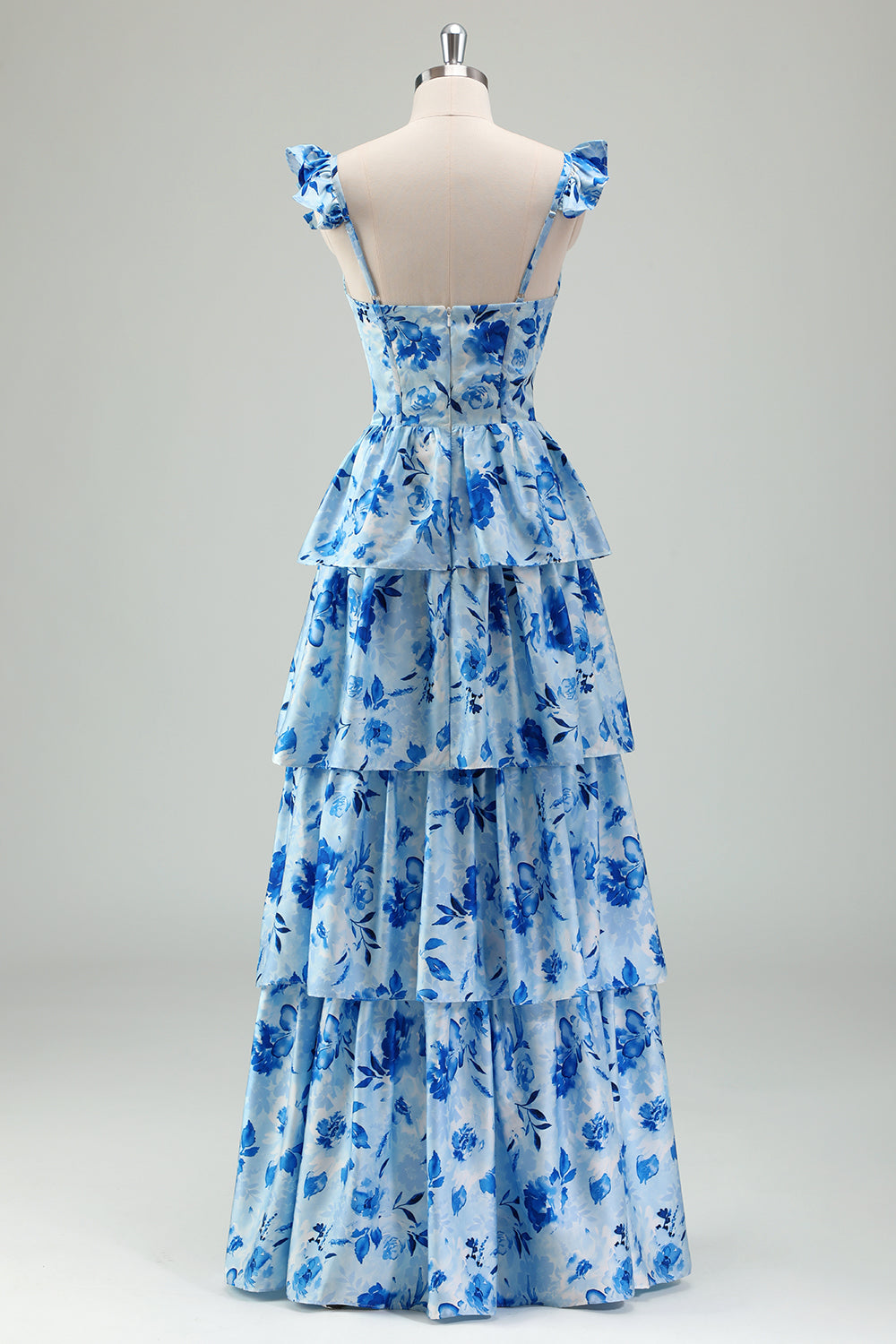 Blue Corset Tiered Long Prom Dress with Slit