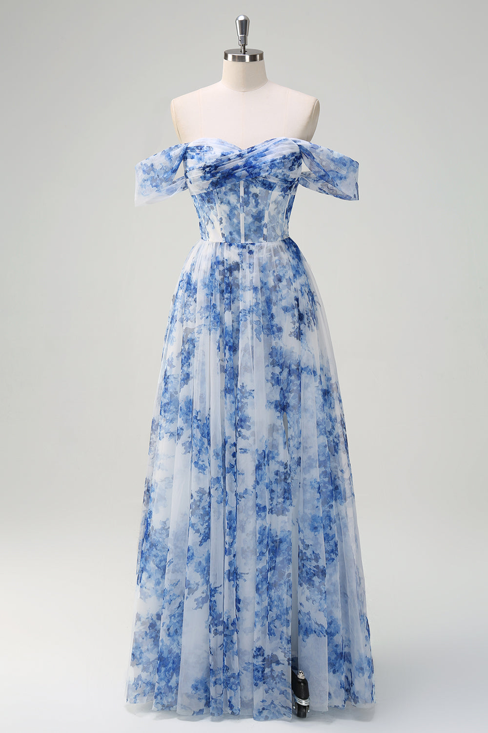 White Blue Flower Off The Shoulder Corset Long Bridesmaid Dress with Slit