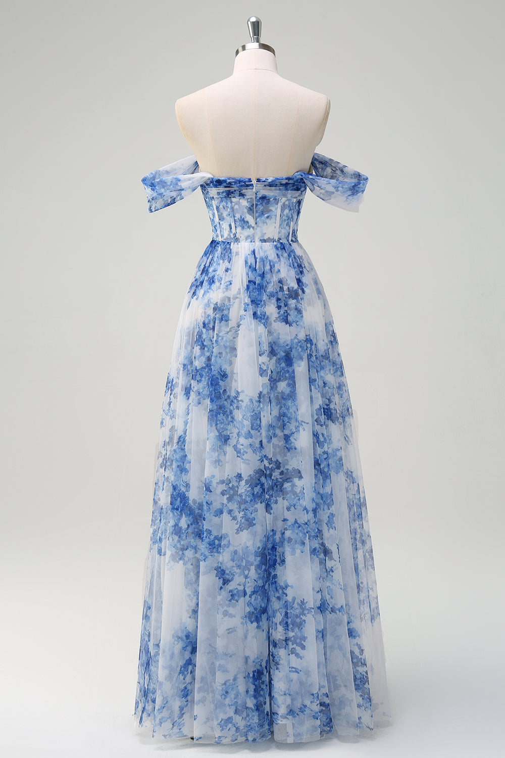 White Blue Flower Off The Shoulder Corset Long Bridesmaid Dress with Slit