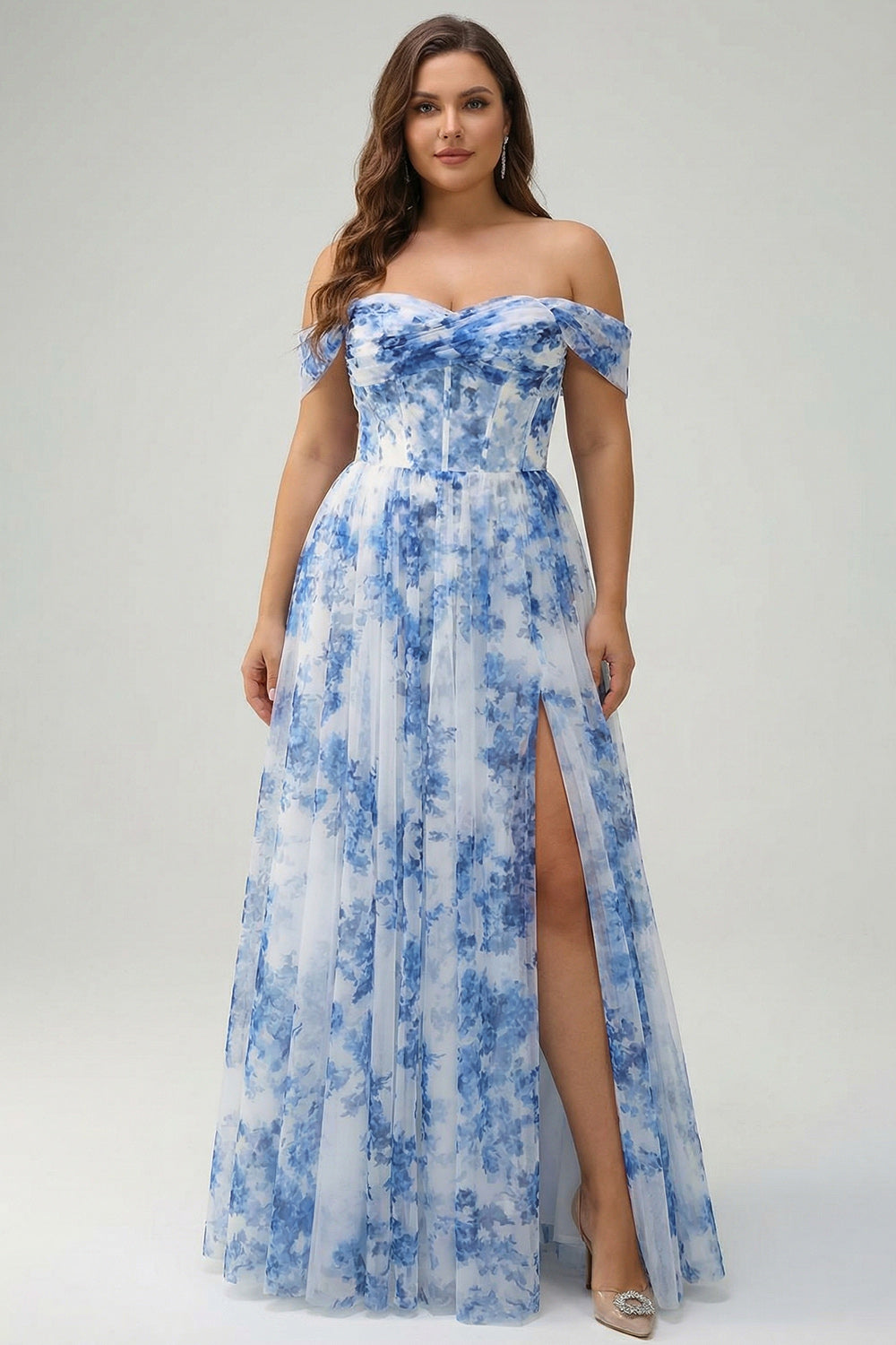 White Blue Flower Off The Shoulder Corset Long Bridesmaid Dress with Slit