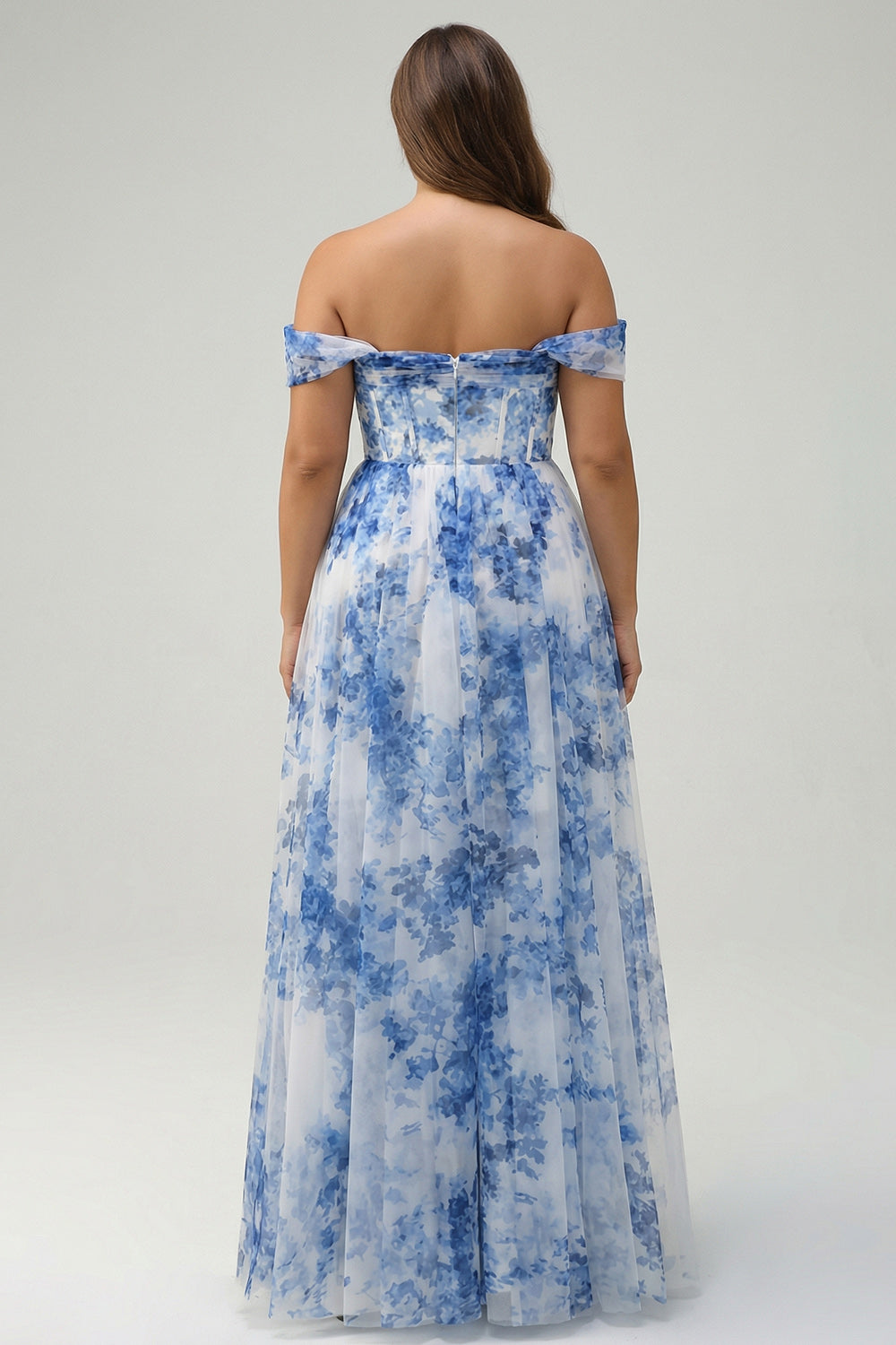 White Blue Flower Off The Shoulder Corset Long Bridesmaid Dress with Slit