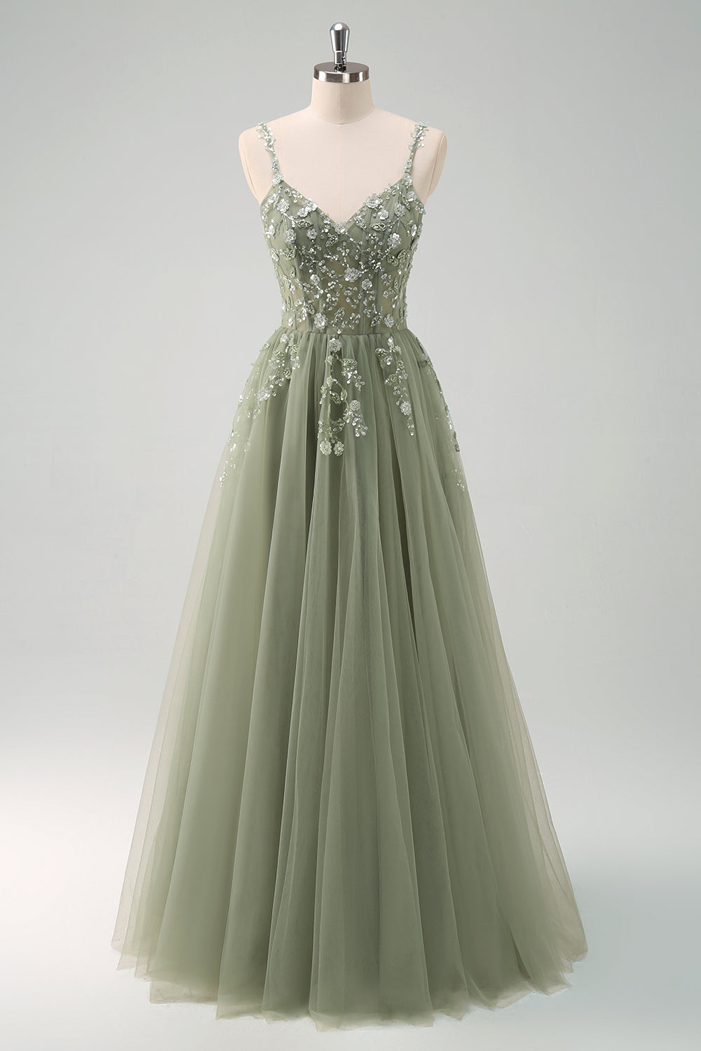 Sparkly Floral Green Corset Tulle Long Prom Dress with Lace