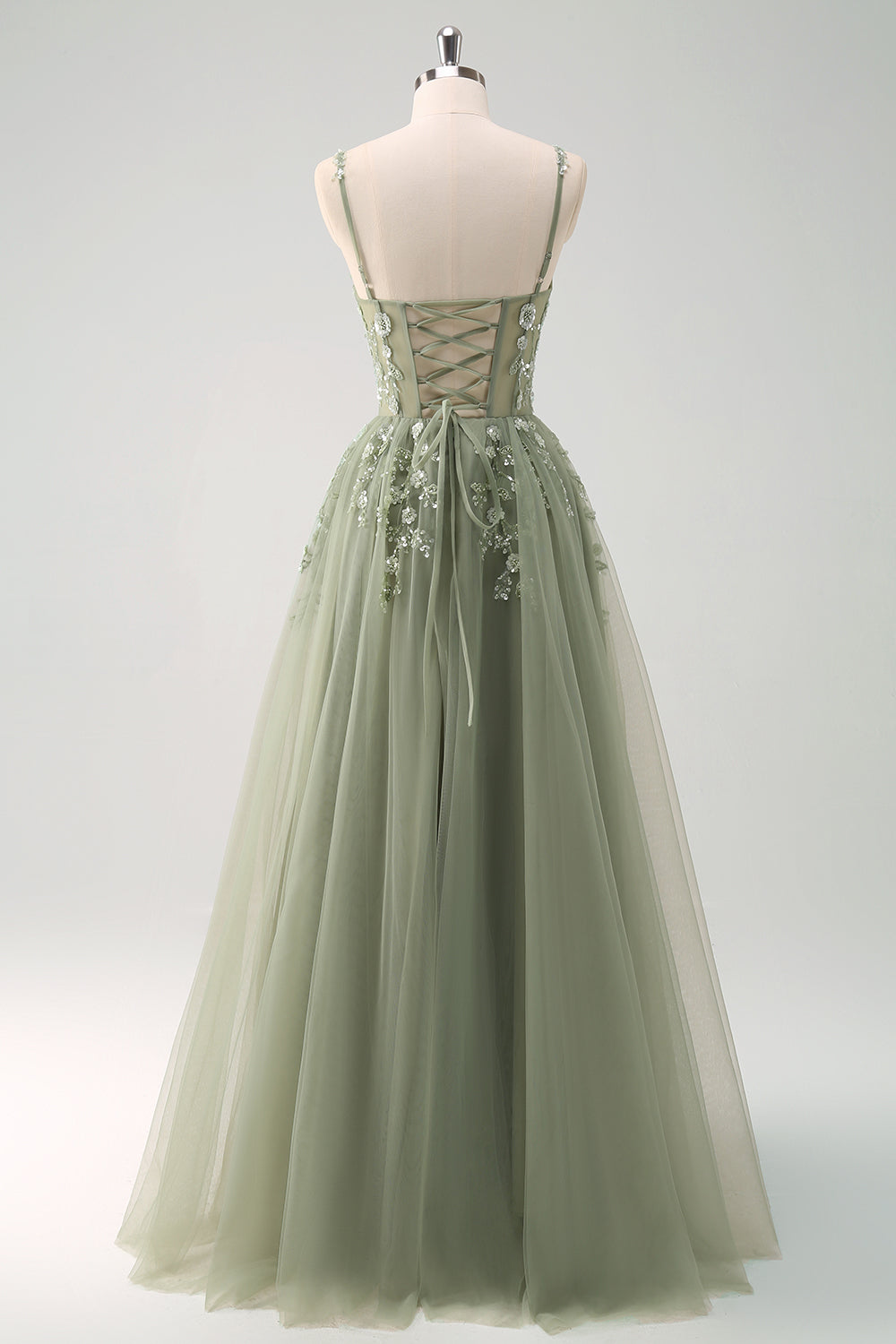 Sparkly Floral Green Corset Tulle Long Prom Dress with Lace