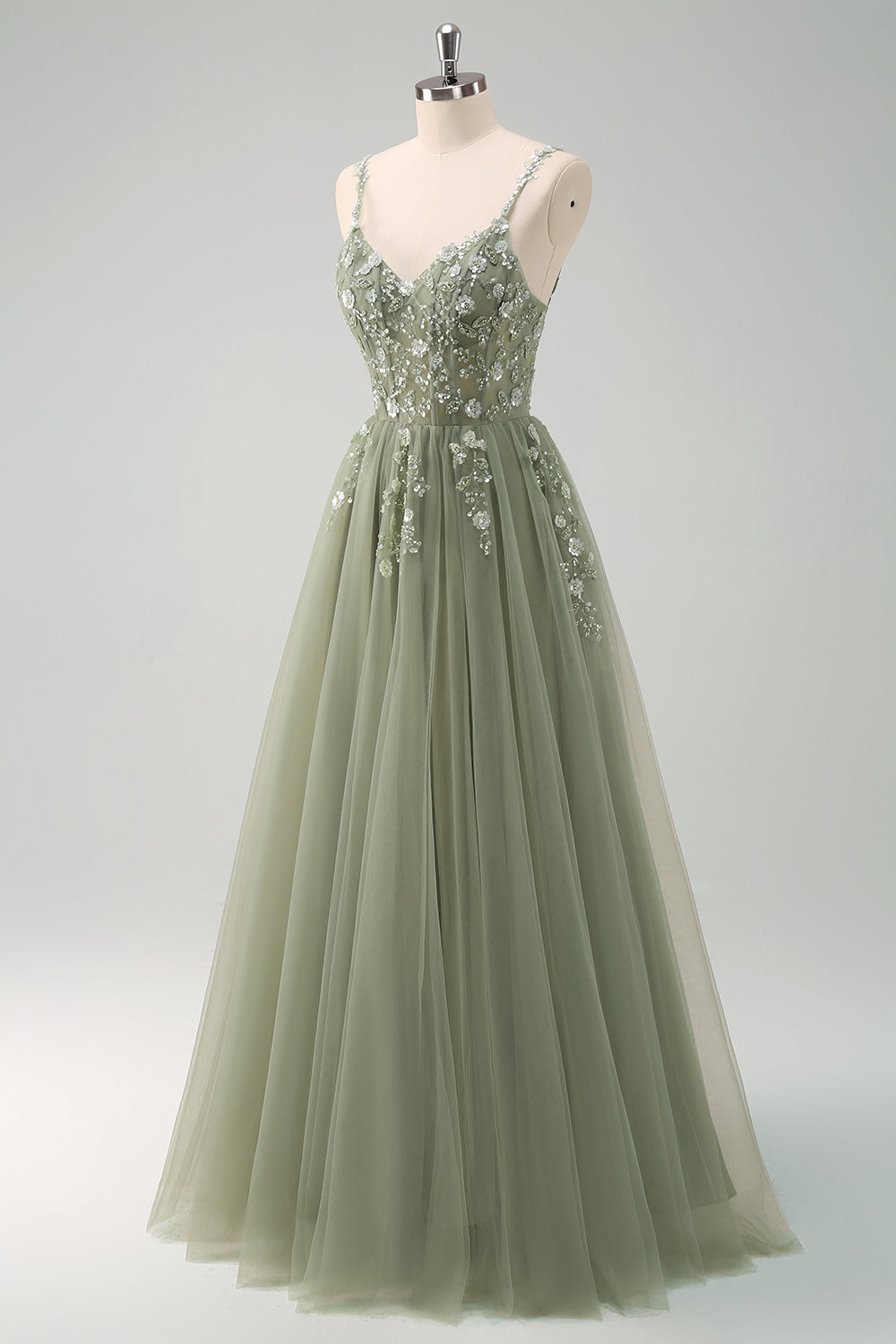 Sparkly Floral Green Corset Tulle Long Prom Dress with Lace