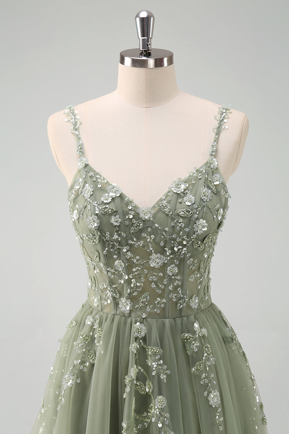 Sparkly Floral Green Corset Tulle Long Prom Dress with Lace