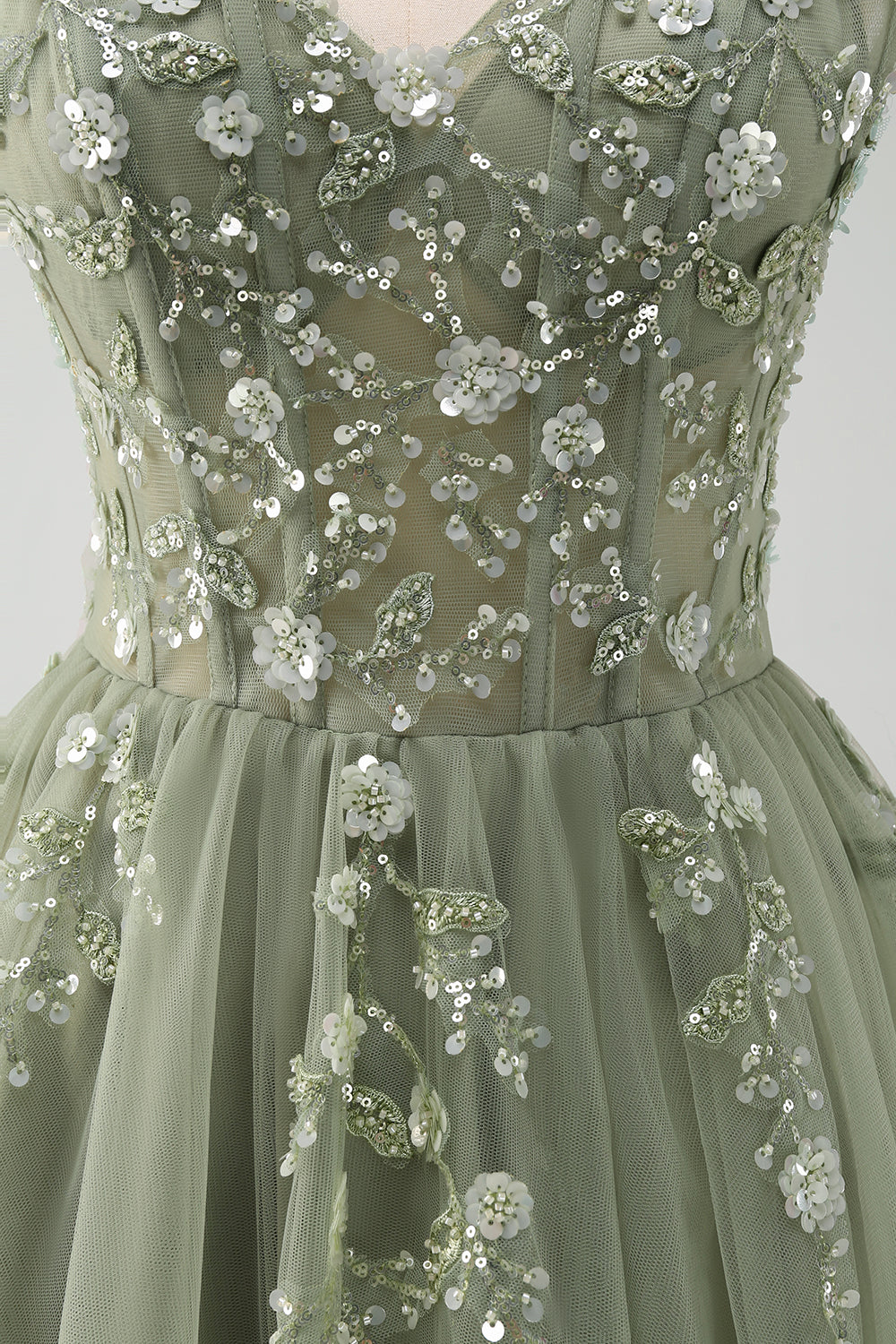 Sparkly Floral Green Corset Tulle Long Prom Dress with Lace
