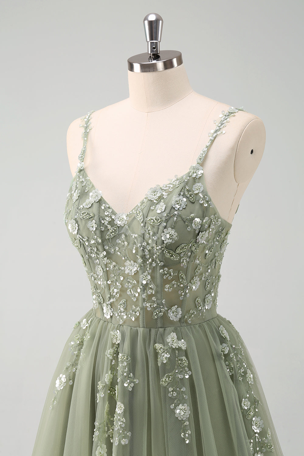 Sparkly Floral Green Corset Tulle Long Prom Dress with Lace
