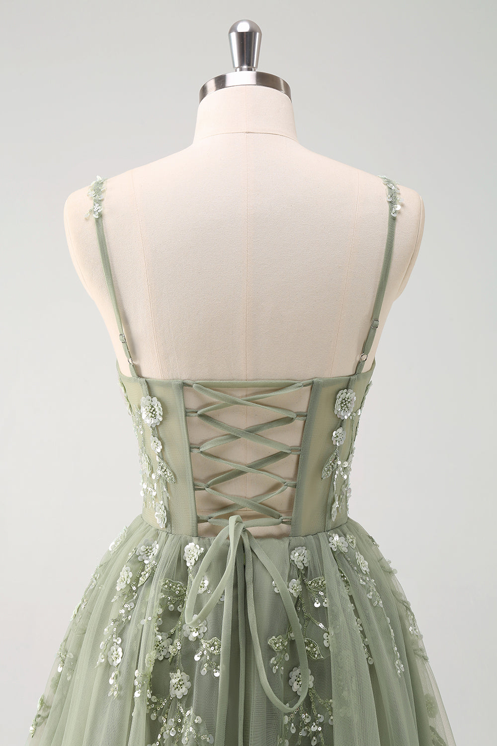Sparkly Floral Green Corset Tulle Long Prom Dress with Lace