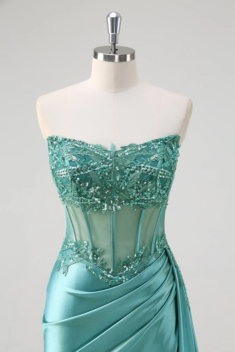 Grey Blue Mermaid Applique Long Prom Dress with Slit
