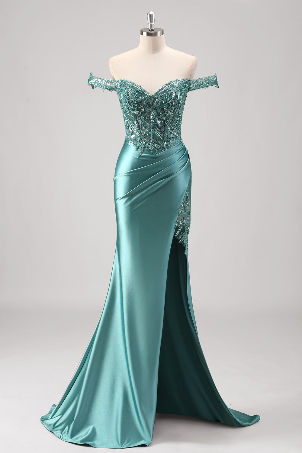Plus Size Sparkly Grey Green Off The Shoulder Mermaid Long Prom Dress with Slit