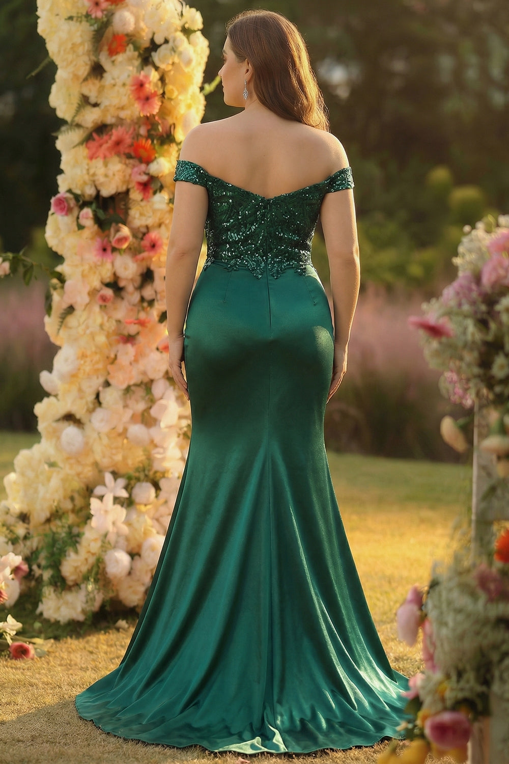 Plus Size Sparkly Grey Green Off The Shoulder Mermaid Long Prom Dress with Slit