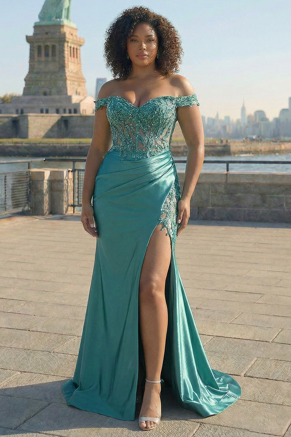 Sparkly Grey Green Mermaid Off The Shoulder Long Prom Dress with Slit