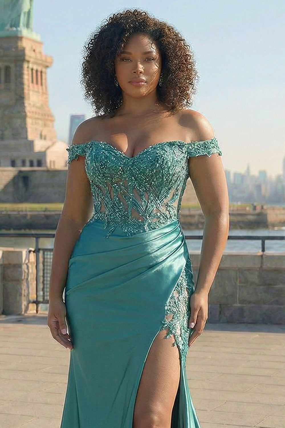 Plus Size Sparkly Grey Green Off The Shoulder Mermaid Long Prom Dress with Slit