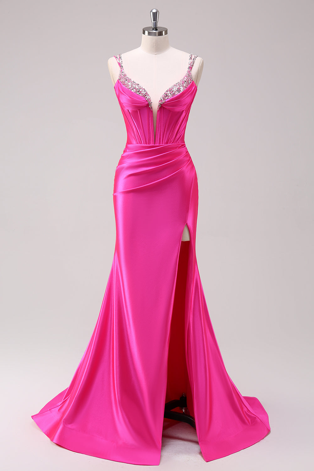 Sparkly Fuchsia Satin Long Corset Prom Dress with Slit