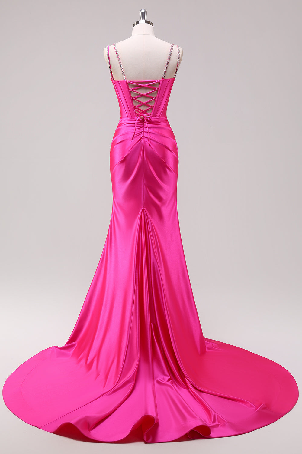 Sparkly Plus Size Fuchsia Satin Long Corset Prom Dress with Slit