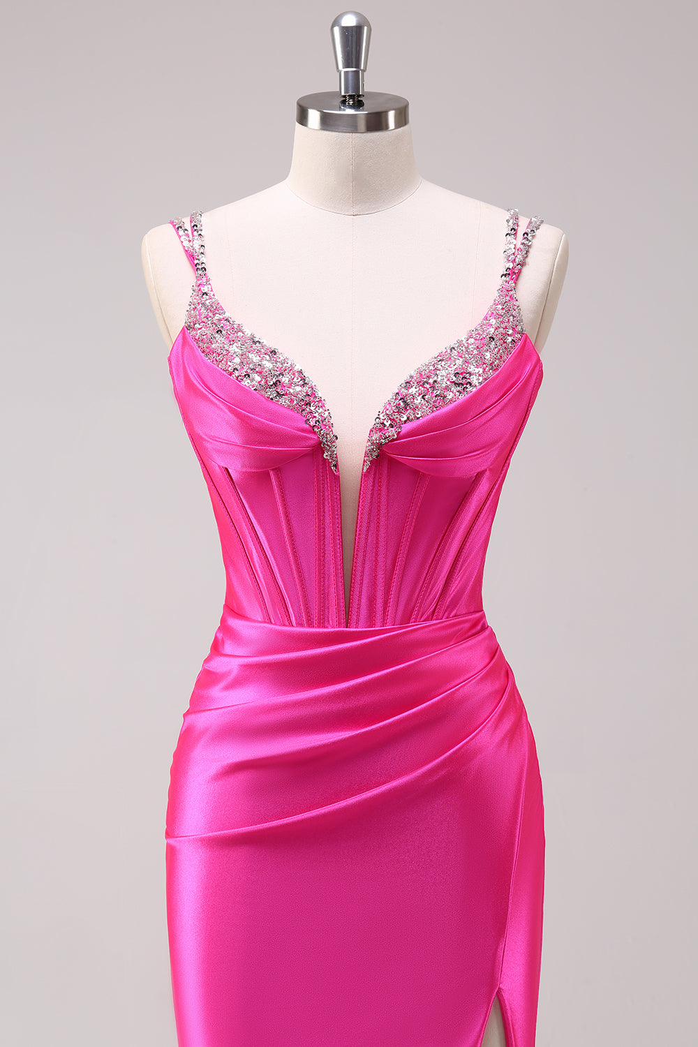 Sparkly Fuchsia Corset Sequined Long Prom Dress with Slit