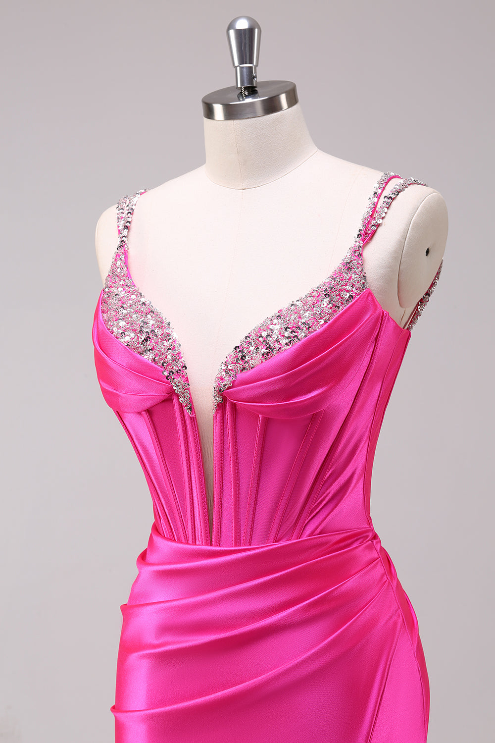 Sparkly Fuchsia Corset Sequined Long Prom Dress with Slit
