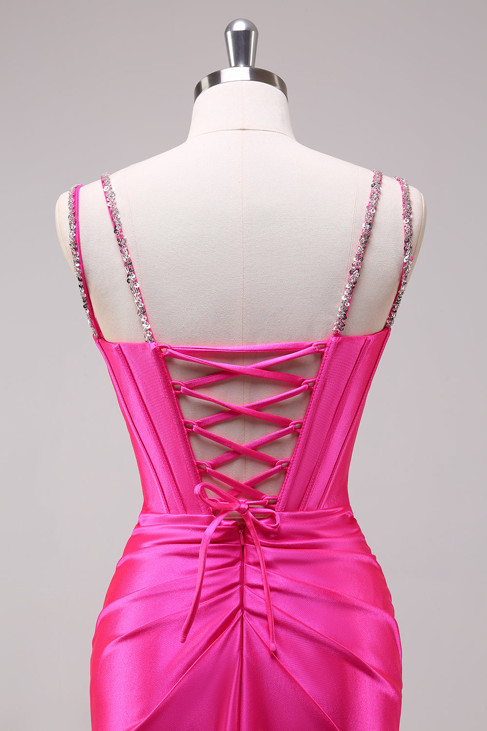 Sparkly Fuchsia Corset Sequined Long Prom Dress with Slit