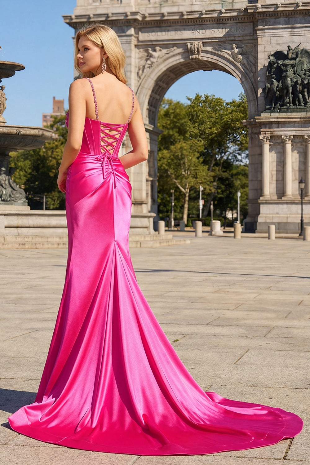 Sparkly Fuchsia Corset Sequined Long Prom Dress with Slit