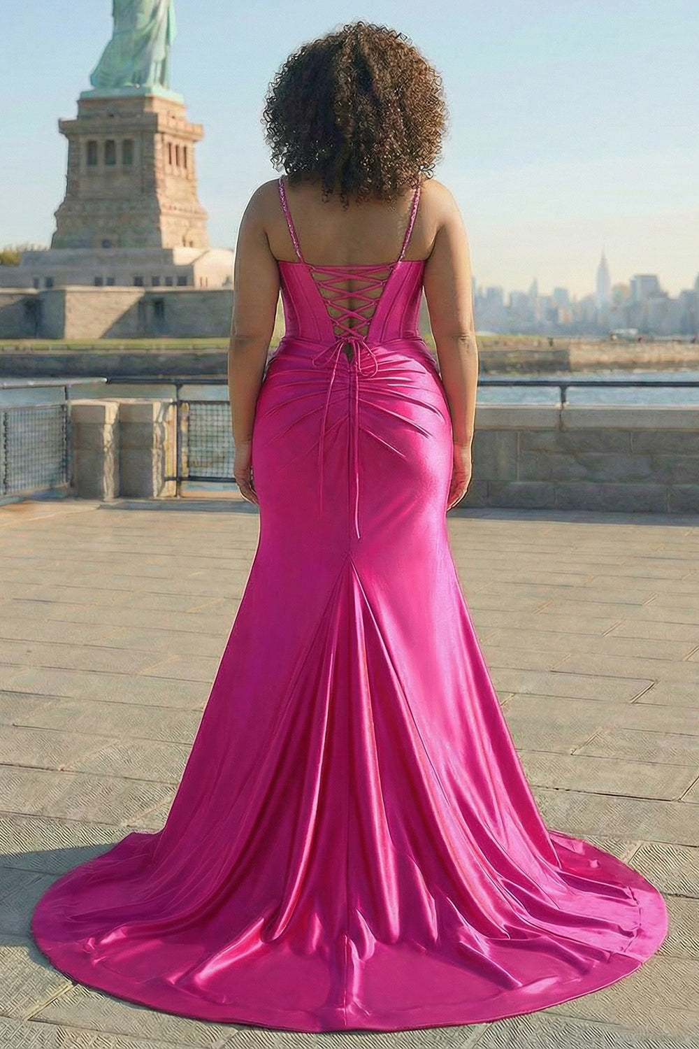 Sparkly Fuchsia Satin Long Corset Prom Dress with Slit