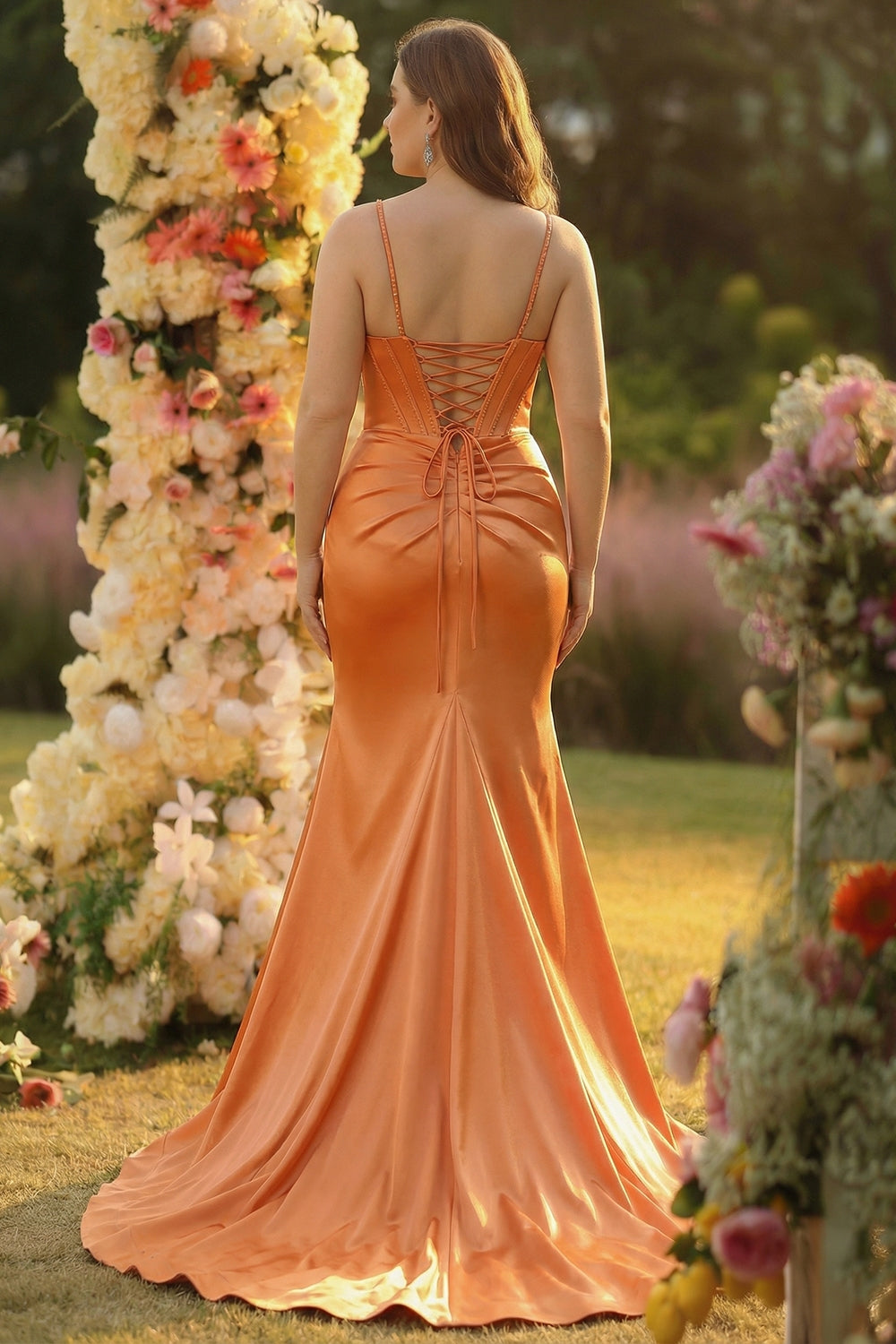 Sparkly Fuchsia Satin Long Corset Prom Dress with Slit